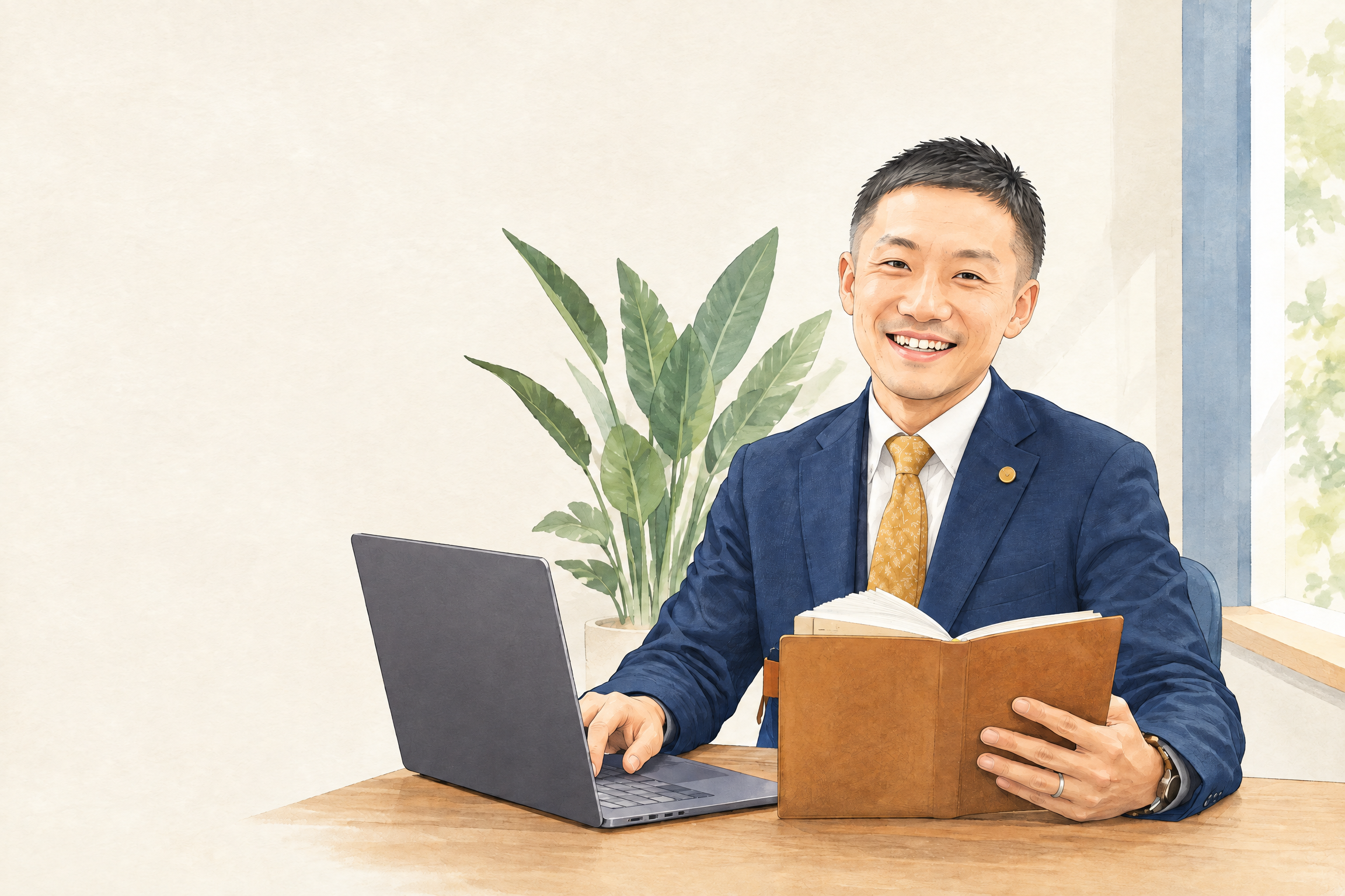 白シャツと紺のスーツを着た行政書士 柴田龍浩のイラスト
